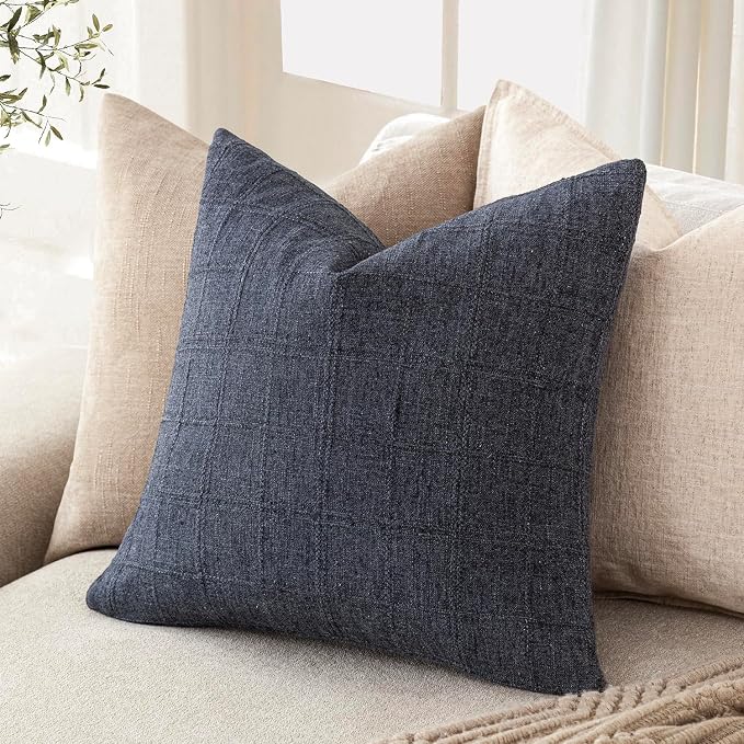 Foindtower Set of 2 Decorative Linen Check Throw Pillow Covers Neutral Farmhouse Vintage Cushion Covers Modern Boho Home Decor for Sofa Chair Couch Bedroom Living Room,18×18 Inch,Navy Blue