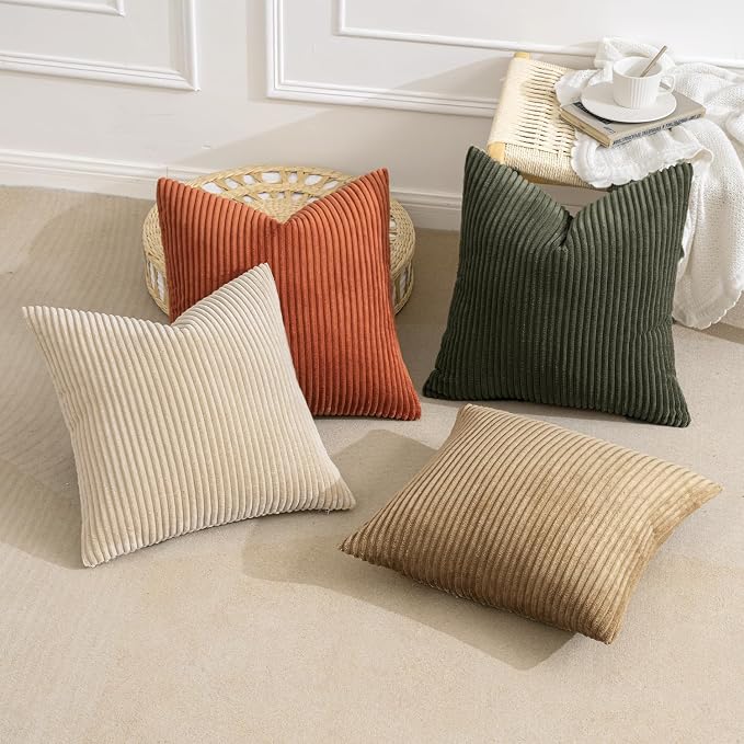 MIULEE Fall Corduroy Decorative Throw Pillow Covers Rust-Olive Green 24x24 | Set of 4, Vintage Fall Decor, Rustic Brown Green Collection, Boho Farmhouse Cushion Covers for Couch Bed Sofa Living Room