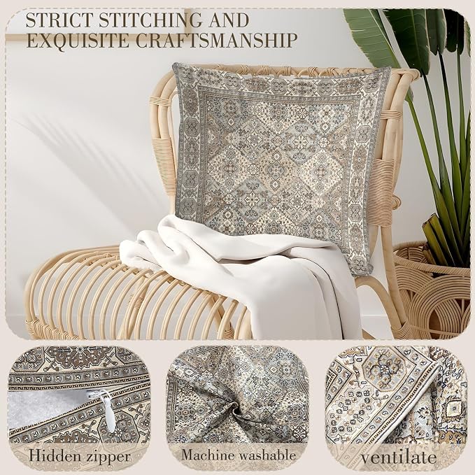 Boho Floral Throw Pillow Covers 18x18 inch Set of 2,Grey Boho Rug Geometric Floral Pattern Decor Double Sided Pattern Cushion Cover Soft Pillow Case Living Sofa Room Bed Square Pillow Cover