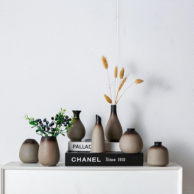 Tanvecle Rustic Ceramic Bud Vase Set of 11, Small Vases for Pampas Grass, Flowers, Modern Farmhouse for Home Decor, Vintage Decor, for Living Room, Dining Table & Shelves