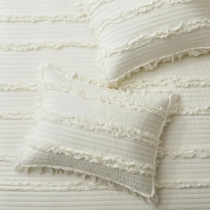 Ultra Soft Ruffle Fringed Quilt Twin Size,Shabby Chic Rustic Cream White Bedding Set, Stone Washed Boho Decorative Quilt with 1 Pillow Shams for All Season