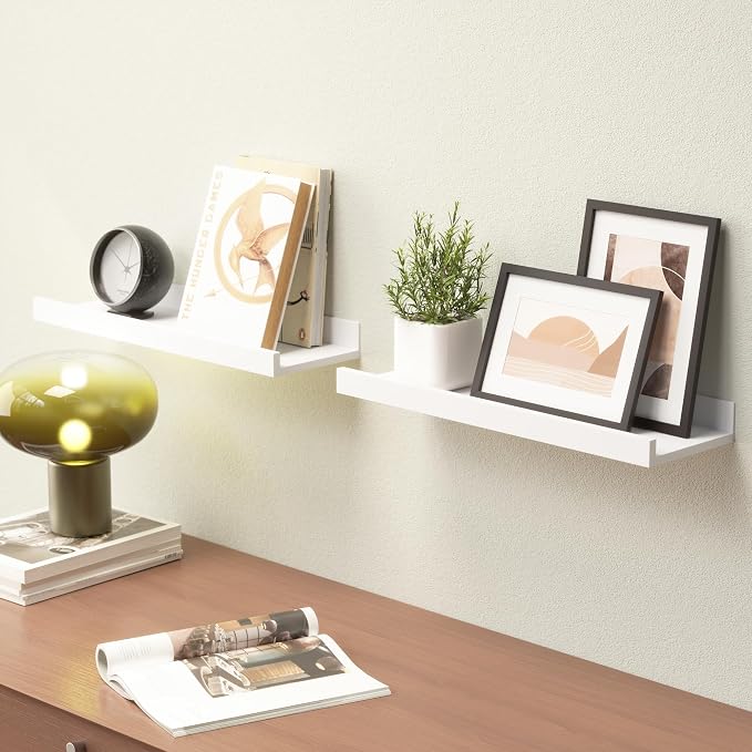 Boswillon Floating Shelves Set of 2, Small Wall Shelf with Lip, 16in, White | Display Ledge Shelf for Room Wall, Wall Decor Shelves for Bathroom, Living Room, Bedroom, Kitchen, Nursery Room, Modern, Wood