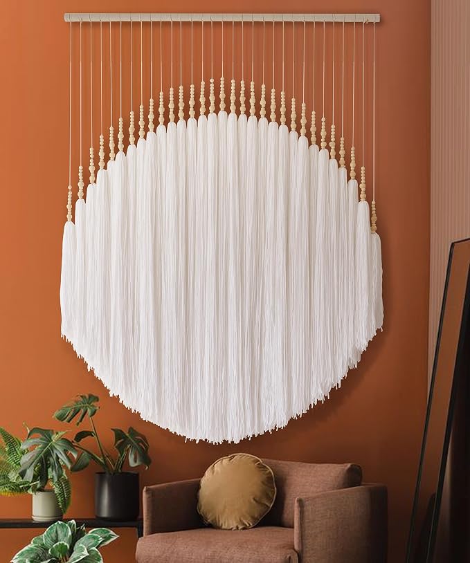 Boho Wall Decor Yarn Wall Hanging Macrame Wall Hanging Fiber Wall Art White Beads Tassel Wall Decor Boho Chic Home Decor 39" W x 55" L | Wedding Backdrop Decor, Boho Decor, Entryway Accent, Neutral Home Decor, Cozy Room Style, Fiber Art Wall Hanging