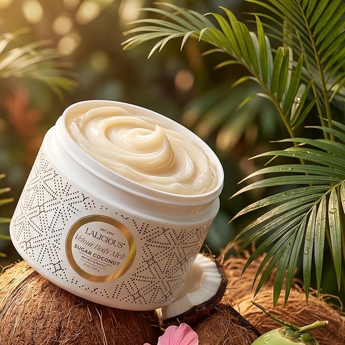 LaLicious Sugar Coconut Velour Body Melt - Multitasking Balm-to-Oil Skin Moisturizer with Macadamia Oil & Coconut Oil - Shave Gel, Hair/Scalp/Hand/Foot Mask - Help Prevent Stretch Marks (8oz)