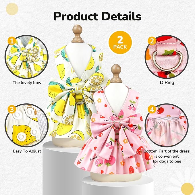 2Pack Small Dog Harness Dress for Girl Puppy Cat Dress with Strawberry&Lemon Pattern Adjustable Breathable D-Ring Outfits for Small Puppy Cat Dresses for Cats Only or Dog Girl Clothes