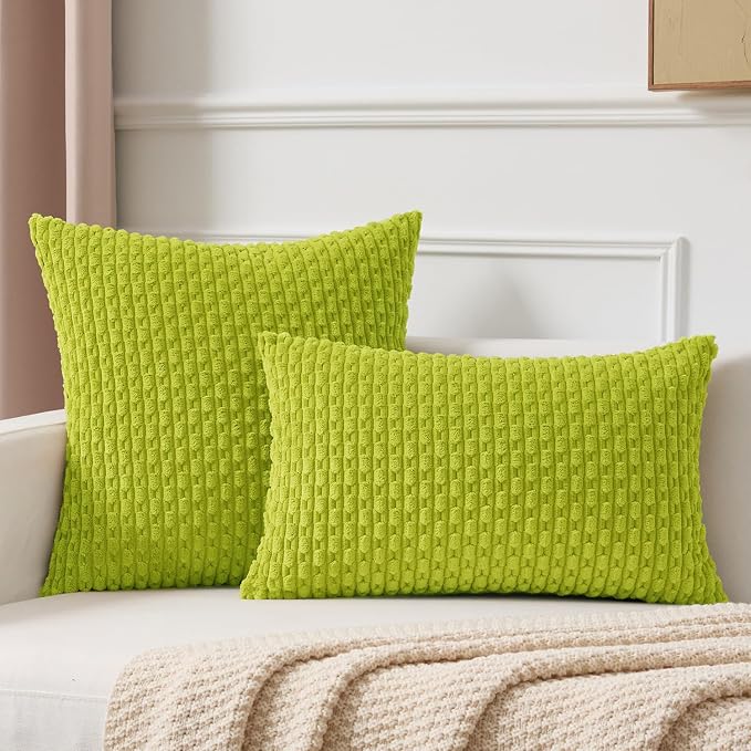 Kevin Textile Soft Corduroy 14"x24" Lumbar Pillow Cover 1 Pack, Xmas Green | Boho Stripe Plush Corduroy Decorative Oblong Cushion Cover Modern Farmhouse Home Decor for Sofa Couch Bed Chair