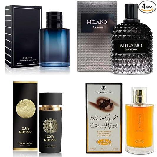 AFLUXE 4-Piece Cologne for Men Includes Choco Musk/SE/USA Ebony/Milano Scent of Woody, Spicy, Citrus & Aromatic eau de parfum Men Gift Set Each 100Ml for Daily Use