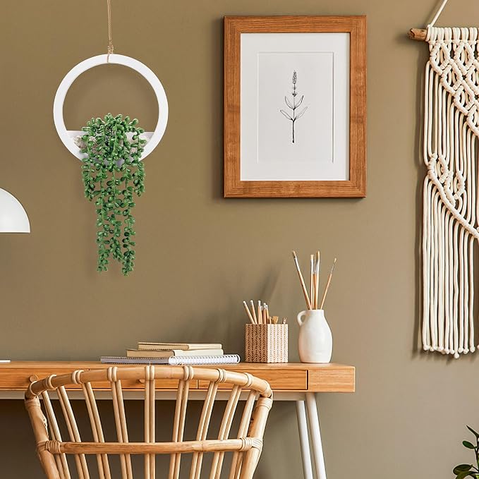 Der Rose 2 Pack 15" Artificial Hanging Plants in White Pots for Wall Decor | Realistic cascading pearls, hanging ropes, shelf display for bathroom bedroom living room boho wall decor，fresh all year