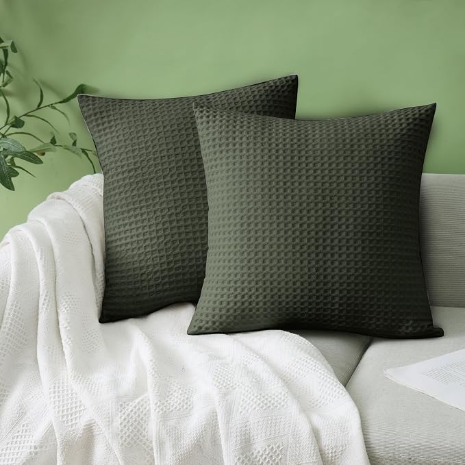 100% Egyptian Cotton 600 TC Waffle Weave Throw Pillow Covers 2 Pack | Ultra Soft Breathable Euro Pillow Shams Covers, Decorative Cushion Covers for Bed Couch Sofa Car, Olive Green, 22" x 22"