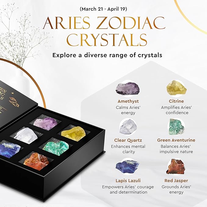 Wyspell Aries Crystal Set - 6 Raw Aries Crystals and Healing Stones - Zodiac Gifts for Women - Aries Healing Gifts - Aries Birthday Gifts - Astrology Gifts - Zodiac Crystal Set