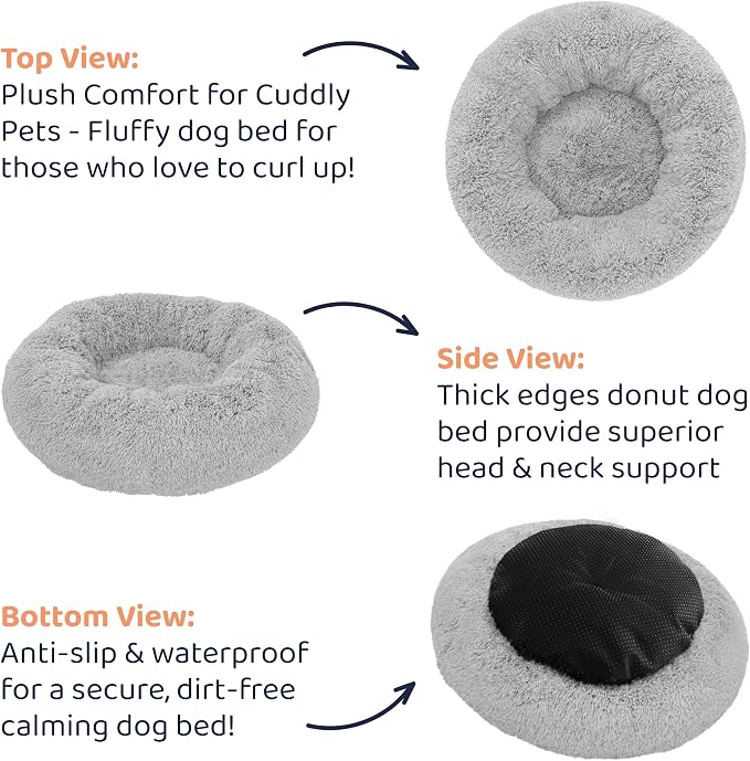 Donut Dog Bed - Premium Comfort for Anxiety Relief - Fluffy & Calming Design with Ultra-Plush Support | Cozy Round Dog Bed with Super Soft Circle Style (Grey, Small)
