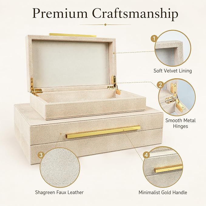 Set of 2 Beige Faux Leather Decorative Storage Boxes with Metal Handles | Stackable Nesting Jewelry Box Organizer Photo Organizer for Home Decor