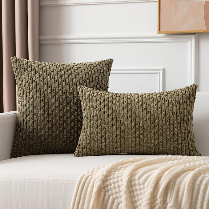 Kevin Textile Soft Corduroy 12"x20" Lumbar Pillow Cover 1 Pack, Olive Green | Boho Stripe Plush Corduroy Decorative Oblong Cushion Cover Modern Farmhouse Home Decor for Sofa Couch Bed Chair