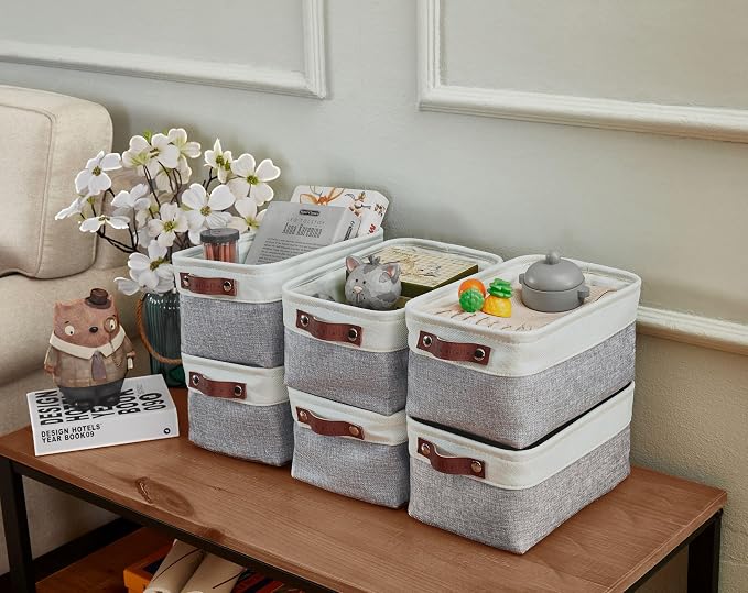 DECOMOMO Small Storage Basket, Closet Storage Bins | 6 Pack Baskets for Organizing Shelves, Decorative Linen Closet Baskets(Grey & White)