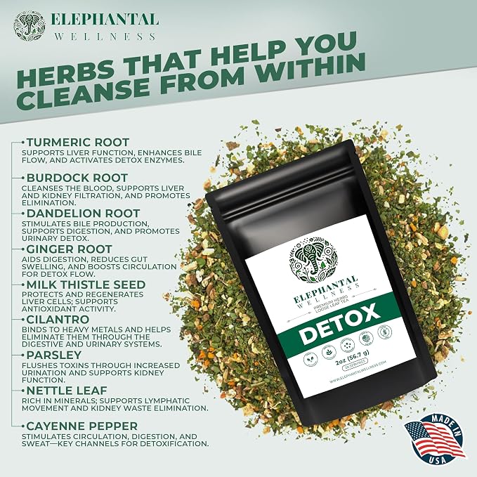 Elephantal Wellness Premium Detox Herbal Tea | Daily Liver, Kidney, Blood & Digestive Support with Turmeric, Nettle Tea, Milk Thistle, Dandelion Tea & Burdock | Handmade, Caffeine-Free Loose Leaf Blend | 2oz, 20 Servings