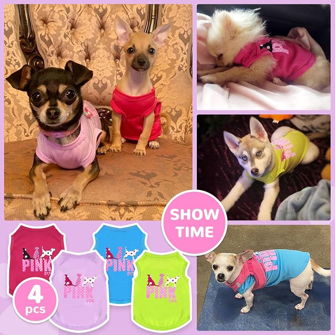4 Pack Dog Shirt Vest Soft Lightweight Puppy Tshirt Cute Pink Dog Printed Small Pet Clothes Summer Sleeveless Yorkie Chihuahua Teacup Clothes for Small Dogs Cats Girl Boy