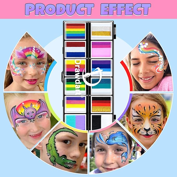 Professional Face Painting Kit for Kids Adults, Rainbow Split Cake Face Paint Palette 12 x 10gm+ 4 Colors Pro Pressed Glitter Eyeshadow Palette, with Brushes Sponges Gems Stencils