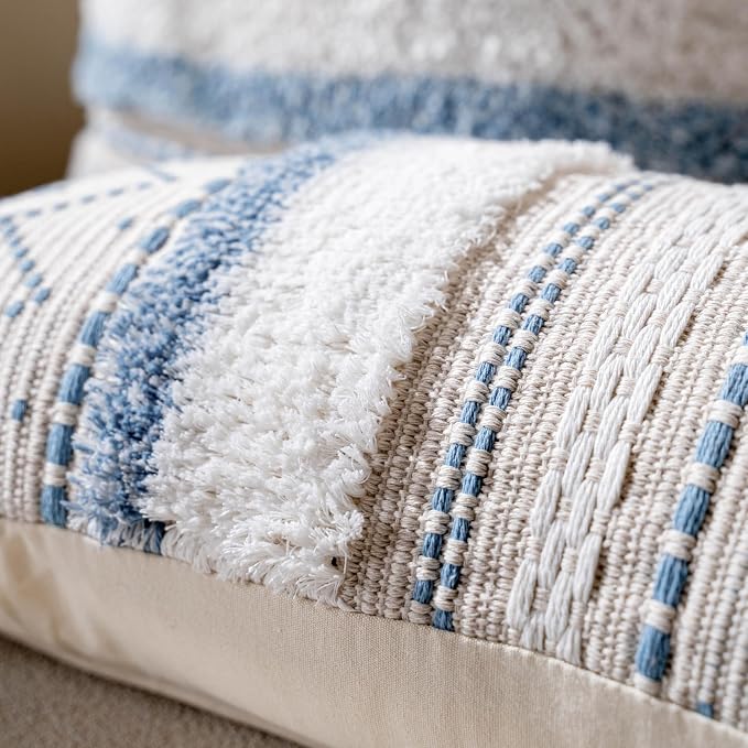 20X20 Throw Pillow Cover, Coastal Blue Square Decorative Cushion Cover, Boho Accent Pillowcase with Tassels for Couch Sofa Living Room (Cover Only)