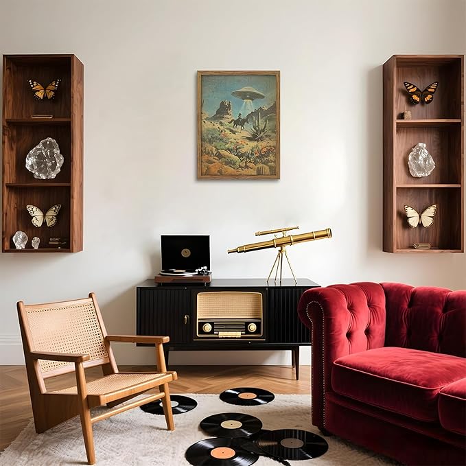 Framed Vintage Intergalactic Western Canvas Wall Art, Alien UFO Abducting Cowboy, Desert Cactus and Flowers Wall Decor, Retro Sci-Fi Poster for Living Room Bedroom – Dark Wooden Frame 16x24in