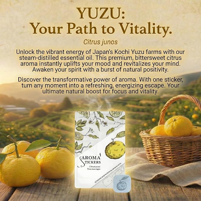 AROMA STICKERS® (Yuzu, Pack of 1) - 100% Natural Essential Oil Mask Stickers for Face Mask & Pillow (12 Stickers/pc) -Pure Essential Oil Scented Mask Patch/Personal Aroma/Relaxing