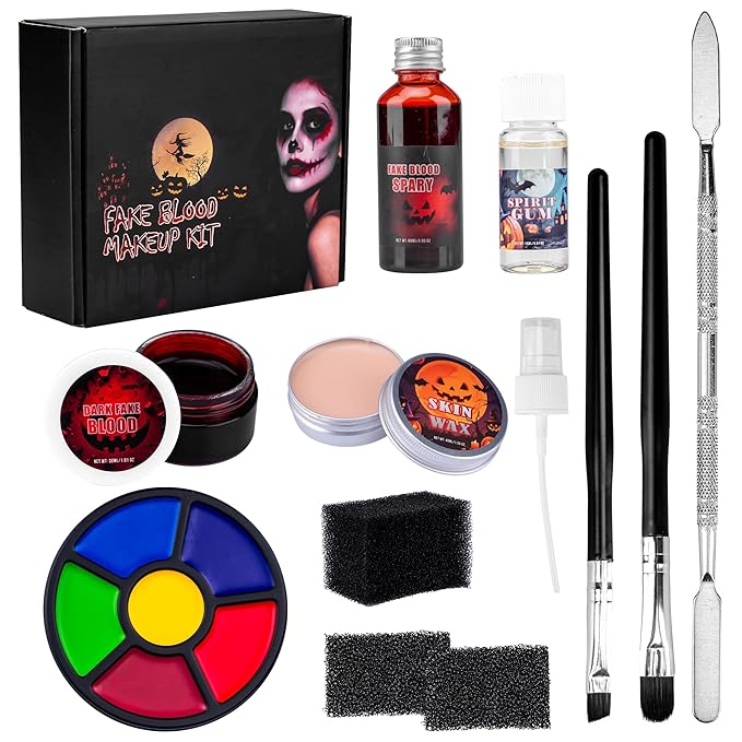 Halloween Special Effects SFX Makeup Kit - 6 Colors Bruise Body Makeup Face Painting Palette + Scar Wax + Spatula Tool + Fake Blood + Stipple Sponges + Brushes - For Halloween Party & Cosplay