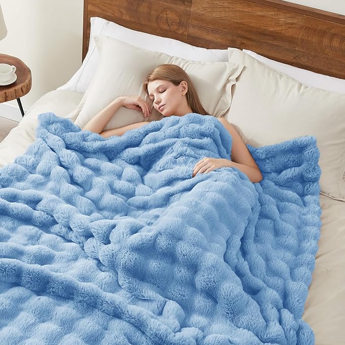 L'AGRATY Faux Rabbit Fur Throw Blanket for Couch, 60'' x 80'', Airy Blue | Soft Cozy Bubble Fluffy Blanket for Sofa Bed, Thick Warm Plush Fuzzy Throw for Room Home Decor, Luxury Gift for Women Mom