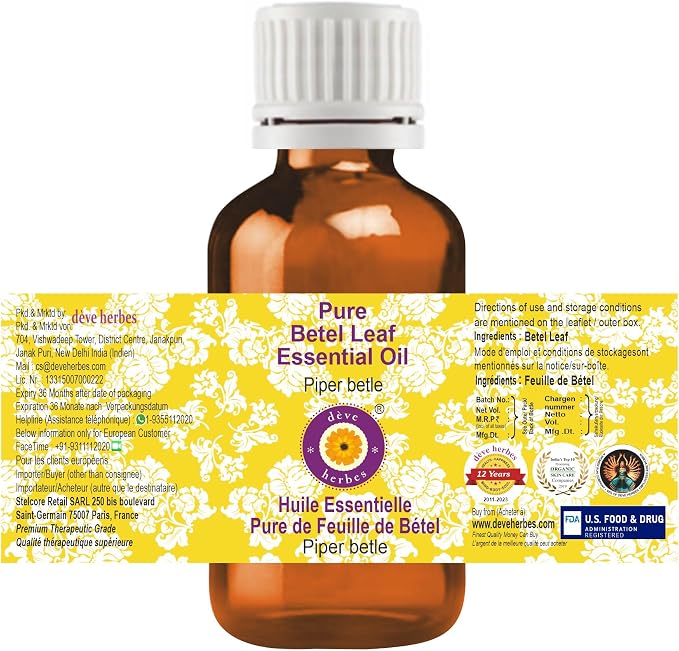 Deve Herbes Pure Betel Leaf Essential Oil (Piper betle) Steam Distilled 15ml (0.50 oz)
