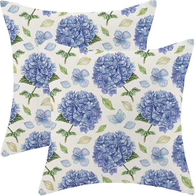 AEIOAE Spring Floral Pillow Covers 18x18 Inch Set of 2, Blue Green Hydrangea Flower Leaves Throw Pillows Case,Summer Outdoor Seasonal Decorative Farmhouse Decor Cushion Covers for Home Sofa Bed Couch