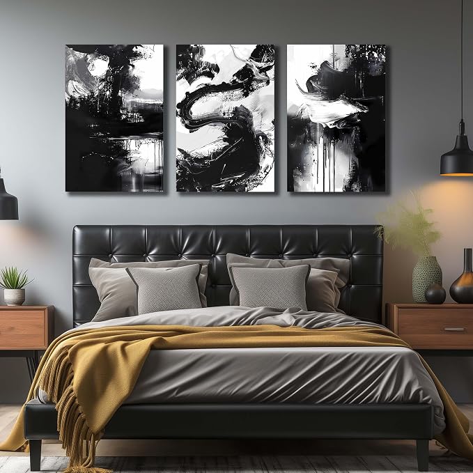 DNIEOTU Abstract Canvas Wall Art for Living Room, Black and White Wall-Decor for Bedroom, Modern Ink - Style Paintings for Hallway Office, Size 24 x 36 Inches 3-Piece