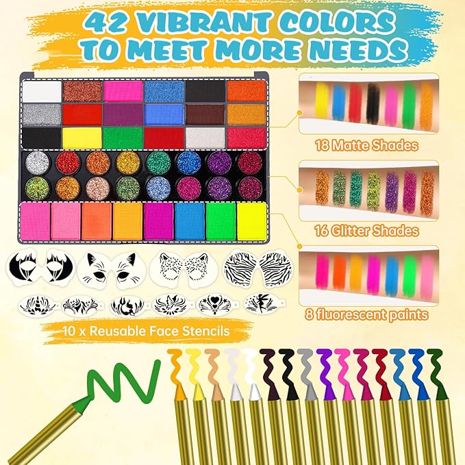 Face Painting Kit for Kids - 42 Colors Washable Face Paint Professional Face Paint Kit, with Brushes, Stencils, Palette, Gems, Crayon, Non-Toxic Body Makeup for Kids (Face Painting Kit)