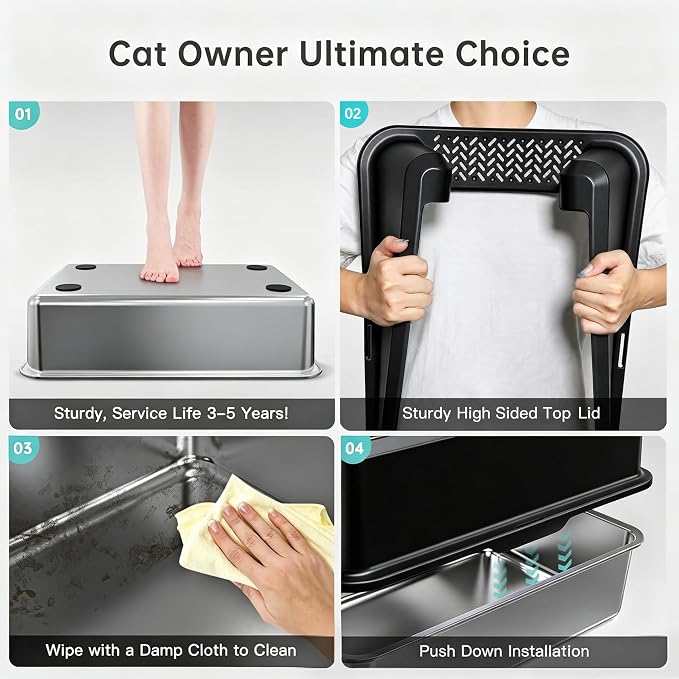 WoofiGo XL Stainless Steel Litter Box, High Sided Litter Pan for Big Cats | XL for Big Cats, Anti-Urine Leakage, Non-Stick Odor-Free, Easy Clean, High Sides Block Spray, Reduce Litter Tracking, Durable