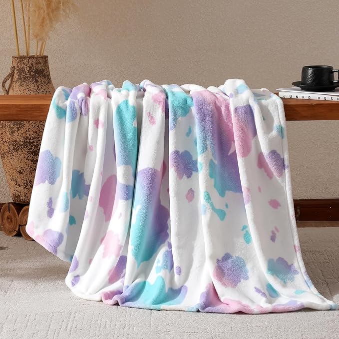 Cozy Bliss Cow Print Fuzzy Throw Blanket for Couch - Thick Soft Warm Non Shedding Fleece Blankets for Western Décor Room, for Kids, Women Men Girls, Rainbow 50"*60"
