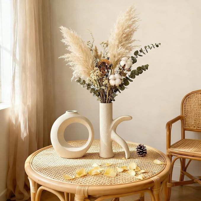 Assemble OK Ceramic Vase Set of 2 for Home Decor, Modern Boho Ins Style Matte Vase for Pampas Grass for Table Centerpiece, Living Room, Shelf, Mantle, Housewarming Gift (Beige White)