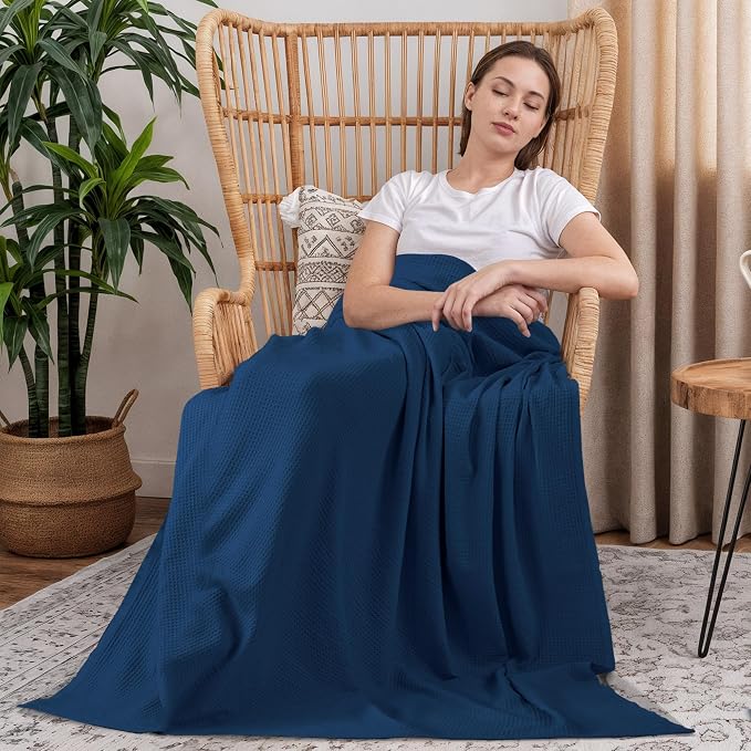 Utopia Bedding Cotton Blend Navy Waffle Blanket Queen - 90x90 Inches | Lightweight, Skin Friendly, Breathable, All Season, Luxury, Bed, Couch, Sofa