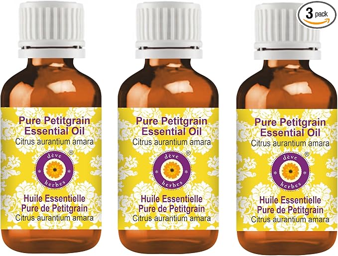 Deve Herbes Pure Petitgrain Essential Oil (Citrus aurantium Amara) Steam Distilled (Pack of Three) 100ml X 3 (10 oz)