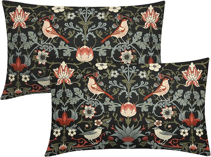 Chinoiserie Floral Bird Colorful Lumbar Pillow Covers 12X20 Set of 2 Orange Sage Green Pimpernel Flower Throw Pillow Cases Vintage Art Modern Home Decor for Couch Patio Sofa Porch