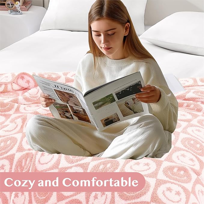 Soft Checkered Throw Blanket for Couch-Cozy Warm Knitted Blankets | Lightweight Warm Fluffy Decor for Women, Mom, Her & Girls, Sofa, Chair, Bed, 50x60in,Blossom Smiling Face
