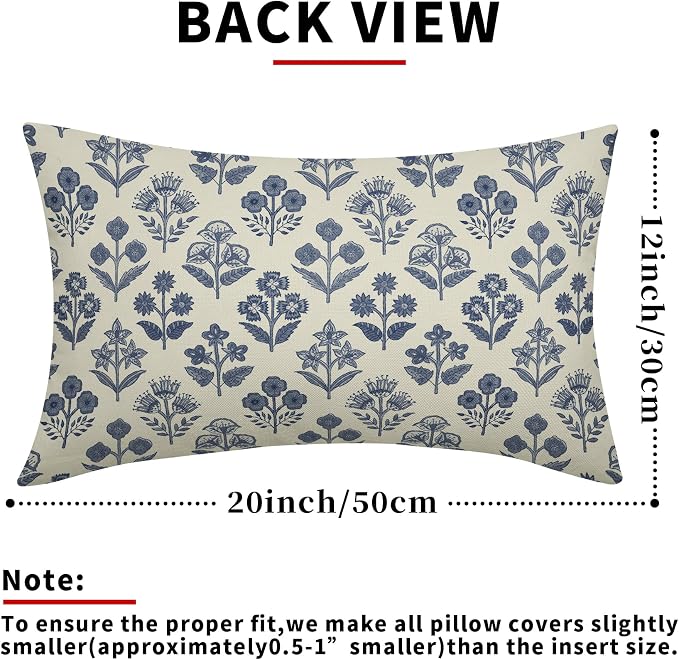 Dark Blue Floral Pillow Covers 12x20 Inch Set of 2, Block Print Lumbar Flower Cream Decorative Throw Pillowcases Outdoor Farmhouse Rectangle Cushion Covers Spring Summer Sofa Couch Bed Decor