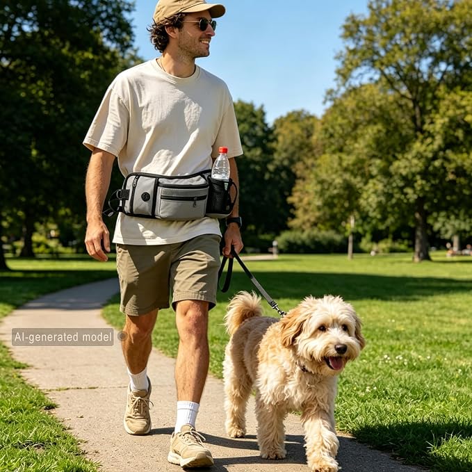 Dog Walking Fanny Pack, Dog Treat Pouch for Training, Large Capacity Pet Treat Bag with Poop Bag Dispenser and Water Bottle Holder, Adjustable Strap (Gray)