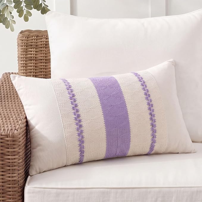 Fancy Homi Set of 1 Boho Lavender Lumbar Decorative Throw Pillow Cover 12x20 Inch for Couch Bed Sofa Chair, Modern Organic Farmhouse Home Decor, Soft Cotton Cute Accent Rectangle Cushion Case