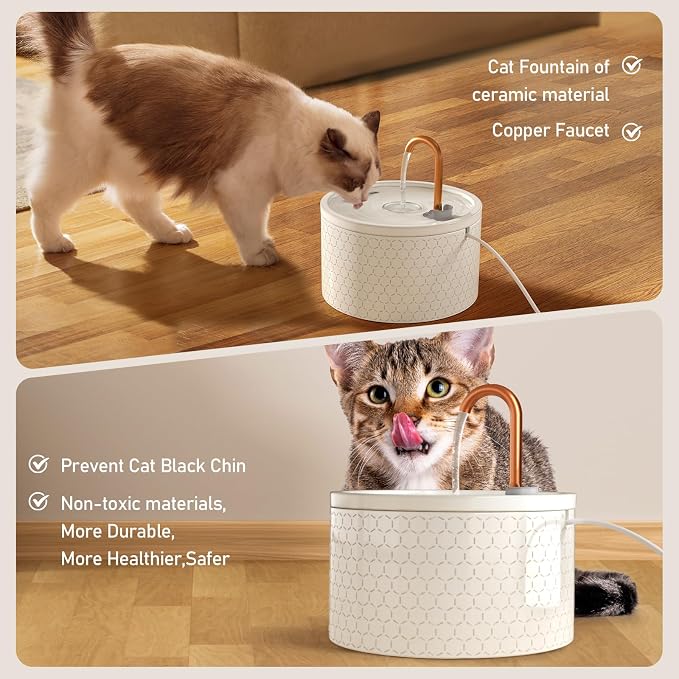 MISFANS Ceramic Cat Water Fountain, 2.1L/71oz, Honeycomb-Embossed Design | All-Ceramic Bowl and Lid, Pure Copper Spout, Under 20dB Pump, Dual Filtration, 2 Flow Modes, 3 Filters and Sponge