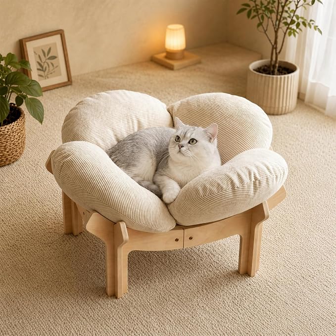 Elevated Flower Cat Bed Wooden Removable Cushion for Indoor Cats Small Dogs | Pet Couch Sofa with Fluffy Cushion, Raised Kitty Lounge Chair Suitable for Puppy, Modern Cat Furniture (White)