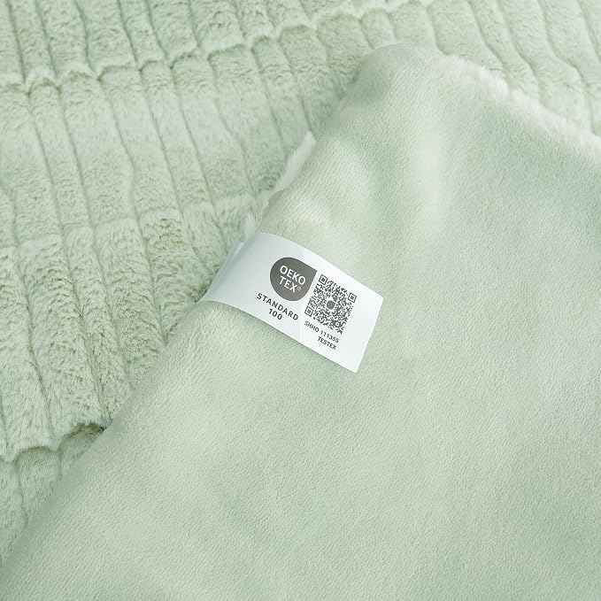 Luxury Striped Faux Fur Throw Blanket for Bed Queen Size, Soft Cozy Fuzzy Fluffy Plush Gift Blankets for Women, 88"x90", Sage Green