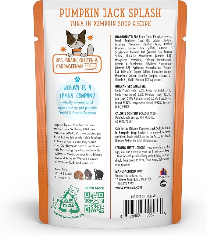 Weruva Cats in the Kitchen, Pumpkin Jack Splash with Tuna in Pumpkin Soup Cat Food, 3oz Pouch (Pack of 12)