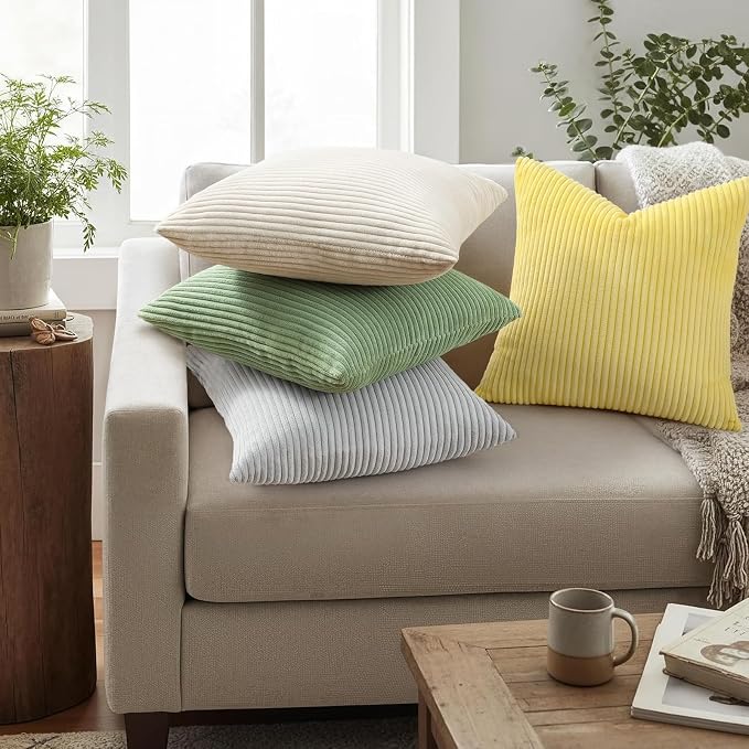Mecatny Corduroy Throw Pillow Covers 22x22 Set of 2 Sundress Yellow | Soft Striped Texture, Hidden Zipper Design, Neutral Boho Square Pillow Cases for Sofa Couch Living Room Bedroom, Home Décor