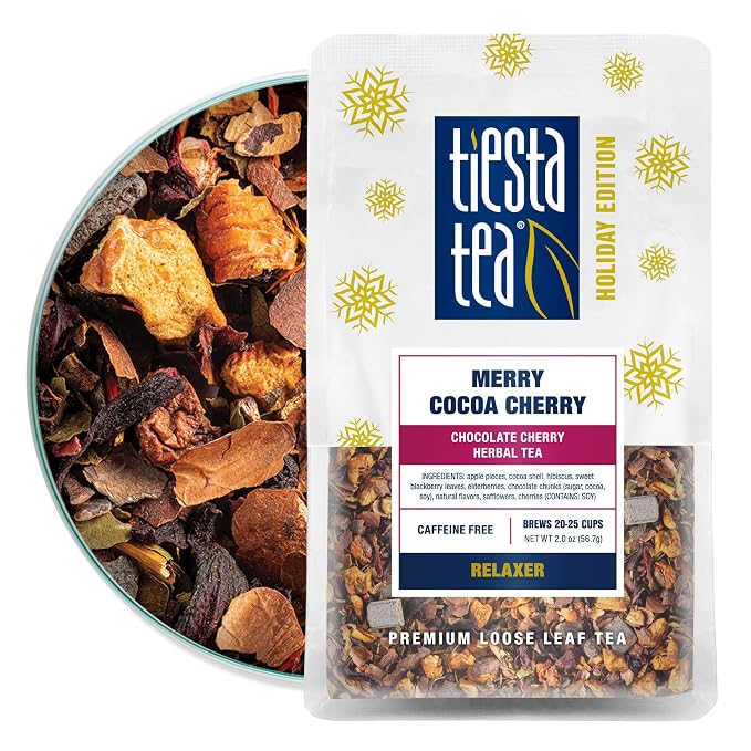 Tiesta Tea Merry Cocoa Cherry Premium Loose Leaf Tea, Chocolate Cherry Herbal Blend, Caffeine Free, Hot or Iced, Brew Up to 25 Cups, Holiday Edition, Gift, Resealable Bulk Pouch, 2 Ounce