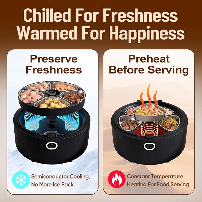 Wet Food Automatic Cat Feeder with Camera, Semiconductor Cooling & Heating with Stainless Steel Bowl, APP Control with Camera & Meal Call, 5 Fresh Meals Pet Food Dispenser (Black)