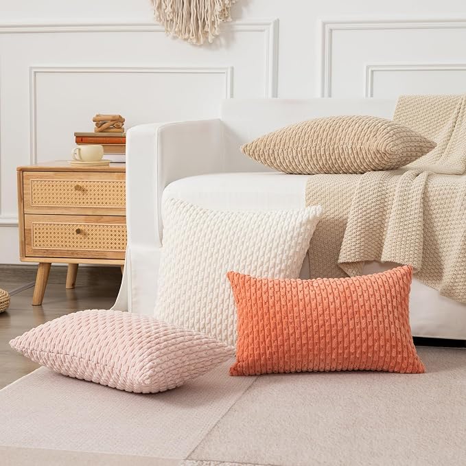Kevin Textile Soft Corduroy 12"x24" Lumbar Pillow Cover 1 Pack, Light Pink | Boho Stripe Plush Corduroy Decorative Oblong Cushion Cover Modern Farmhouse Home Decor for Sofa Couch Bed Chair