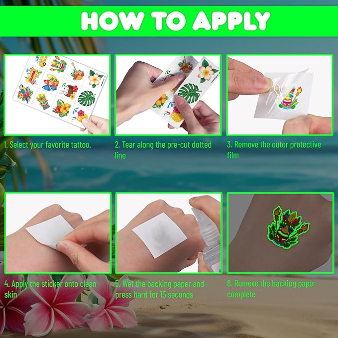 96 PCS Hawaiian Luau Pre-Cut Luminous Glow in the dark Temporary Tattoos for Kids | Super Cute Themed Birthday Party Favors, Supplies, Decorations, Summer Fake Tattoo Stickers Gifts for Boys Girls