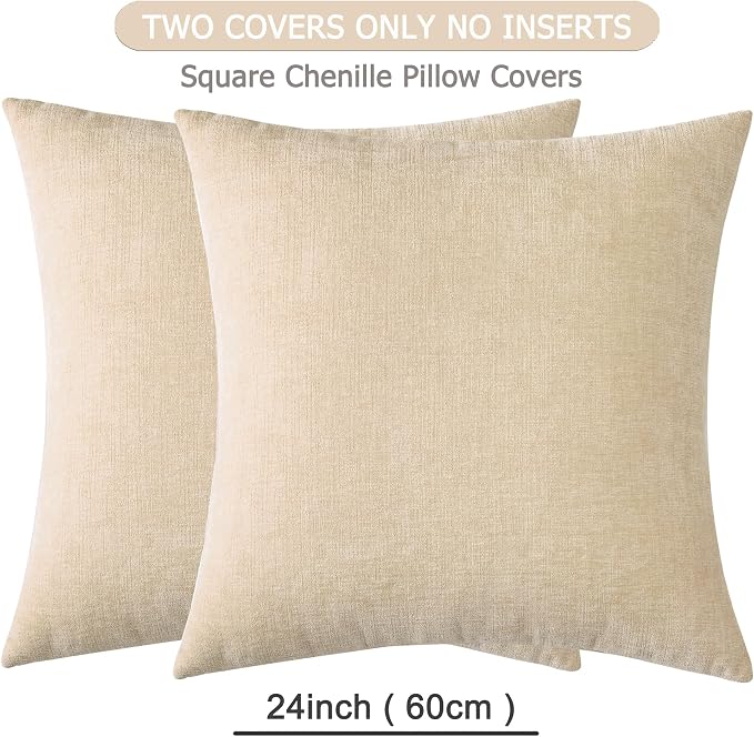 GAWAMAY Decorative Couch Throw Pillow Covers 24x24 Inch Set of 2 Beige | Soft Chenille Farmhouse Style, Hidden Zipper, Neutral Cushion Pillowcases for Sofa Living Room Bed, Only Covers